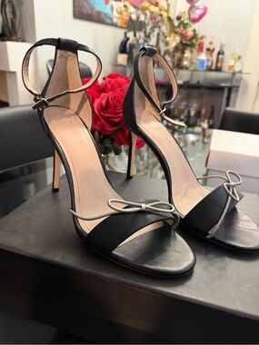 Pour La Victoire Black Stiletto Sandals with Silver Bow Accent